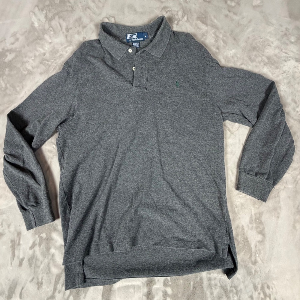 Polo Ralph Lauren Mens Gray Long Sleeve Pique Polo Shirt Green Pony Logo Large
